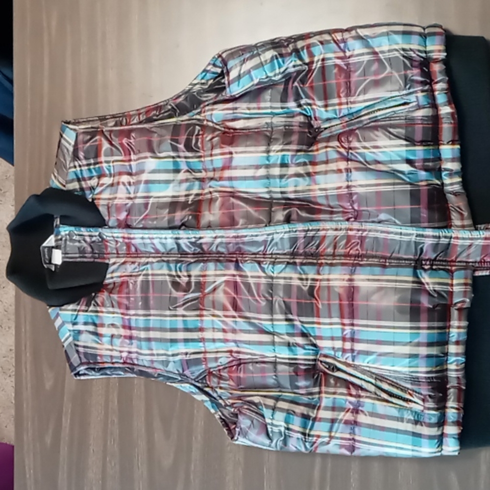 CJ Banks Plaid Full Zip and Button Puffer Vest 1X